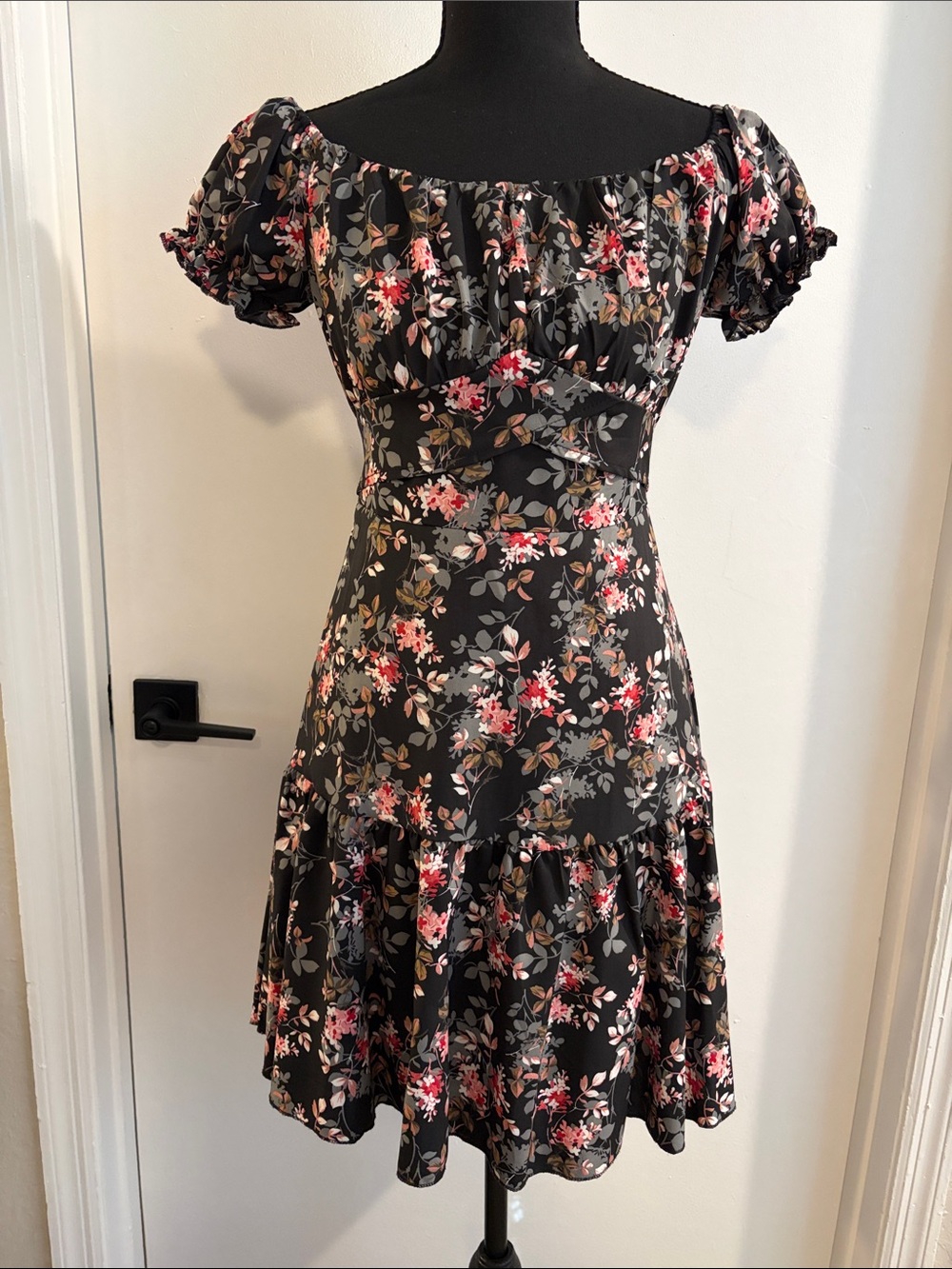 SHEIN romantic black floral mini dress with ruffle hem, tie back, size small